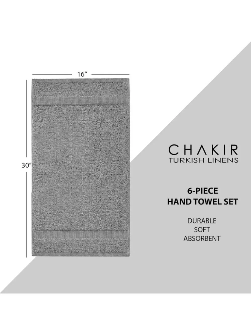 Soft 100% Cotton Hand Towels Set of 6, 16x30, Luxurious Gray Turkish Linens